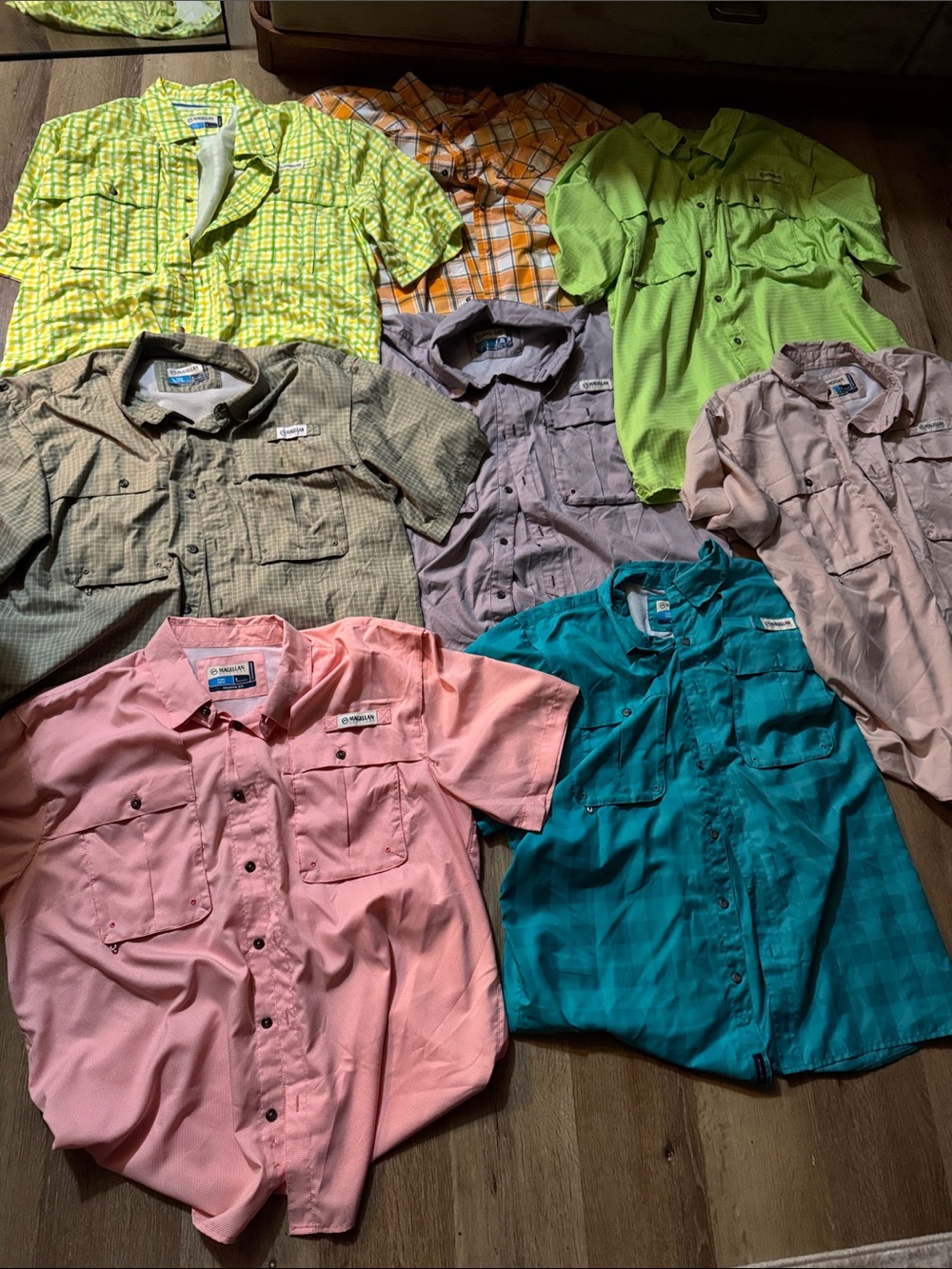 Magellan Short Sleeve Outdoor Shirts in Pink, Teal, Lime, Orange, Tan, Gray
